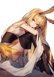 Rule 34 | 1girl, animal ears, bangle, black footwear, blonde hair, boots, bracelet, breasts, character request, clothes between thighs, copyright request, feathers, from side, genyaky, gold, high heel boots, high heels, highres, jewelry, long hair, medium breasts, red eyes, sidelocks, signature, sitting, sleeveless, solo, thigh boots, thighhighs, very long hair