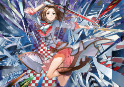 Rule 34 | 1girl, architecture, belt, belt skirt, boots, brown eyes, brown hair, chaos rings (manga), checkered floor, dual wielding, floor, frills, gloves, high heels, holding, justminor, knee boots, legs up, midou yui, perspective, shoes, skirt, solo, sword, too many, too many weapons, vanishing point, weapon, white gloves