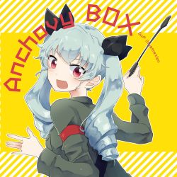 Rule 34 | 10s, 1girl, anchovy (girls und panzer), anzio military uniform, back, bad id, bad twitter id, belt, black ribbon, character name, commentary request, drill hair, english text, from behind, girls und panzer, green hair, grey jacket, hair ribbon, highres, holding, holding riding crop, jacket, long hair, looking at viewer, looking back, military, military uniform, red eyes, ribbon, riding crop, sam browne belt, solo, standing, twin drills, twintails, uniform, upper body, yellow background, zarameru (tsukumo)