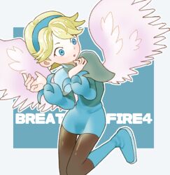 Rule 34 | 1girl, blonde hair, blue dress, blue eyes, blue footwear, blue hairband, boots, breath of fire, breath of fire iv, brown pantyhose, copyright name, dress, feathered wings, hairband, long sleeves, nina (breath of fire iv), open mouth, outline, pantyhose, puffy long sleeves, puffy sleeves, short dress, sicky (pit-bull), solo, white outline, white wings, wings