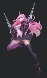 Rule 34 | 1girl, bare shoulders, battle academia katarina, blue eyes, boots, breasts, hair over one eye, high heel boots, high heels, highres, katarina (league of legends), large breasts, league of legends, lips, long hair, official art, pink hair, sitting, thighhighs, weapon