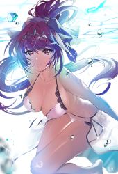 Rule 34 | 1girl, bare shoulders, bikini, blush, breasts, cleavage, closed mouth, collarbone, commentary request, damda, fate/grand order, fate (series), freediving, hair between eyes, hair intakes, hair ribbon, halterneck, holding breath, large breasts, long hair, looking at viewer, ponytail, puffy cheeks, purple hair, purple ribbon, red eyes, revision, ribbon, sarong, scathach (fate), scathach skadi (fate), solo, swimming, swimsuit, thighs, tiara, underwater, white bikini
