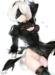 Rule 34 | 1girl, bad id, bad pixiv id, black dress, black thighhighs, blindfold, breasts, cameltoe, cleavage, cleavage cutout, clothing cutout, cowboy shot, dress, gloves, hairband, highres, kyouki, leotard, looking at viewer, medium breasts, mole, mole under mouth, nier (series), nier:automata, panties, short hair, simple background, smile, solo, thighhighs, underwear, weapon, wedgie, white background, white hair, white leotard, white panties, 2b (nier:automata)