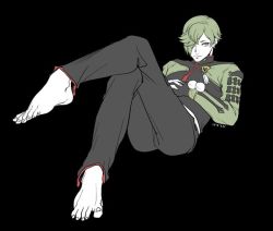 Rule 34 | 10s, 1boy, barefoot, black background, green hair, hair over one eye, hand on own stomach, japanese clothes, male focus, pom pom (clothes), simple background, solo, touken ranbu, uguisumaru