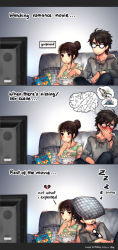 Rule 34 | 1boy, 1girl, 3koma, :t, annoyed, artist self-insert, black eyes, black hair, blush, bottle, bowl, broken heart, brown eyes, brown hair, comic, couch, eating, english text, food, glasses, heart, highres, hood, hooded sweater, indoors, kawacy, leaning back, on couch, original, pillow, popcorn, real life insert, saliva, sleeping, sleeping on person, sweater, triangle mouth, unworn eyewear, watching television, zzz