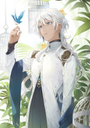 Rule 34 | 1boy, animal, arm at side, bird, birdcage, blue bird, blue eyes, blue shawl, cage, commentary request, earrings, hair between eyes, hand up, hu kotora, jewelry, light particles, long hair, long sleeves, male focus, original, parted lips, plant, ring, shawl, solo, white hair