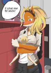 Rule 34 | 1boy, 1girl, absurdres, animal ears, blonde hair, boku no hero academia, breast pocket, breasts, excitebladez, furry, giant, giantess, hairband, highres, ippan josei, large breasts, original, pocket, red eyes, size difference, solo focus