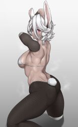 Rule 34 | 1girl, absurdres, amputee, andou (fubin), animal ears, ass, back, boku no hero academia, bra, breasts, clothing cutout, dark-skinned female, dark skin, double amputee, fishnet pantyhose, fishnet sleeves, fishnets, hair between eyes, hand on own head, highres, knee up, large breasts, looking at viewer, median furrow, mirko, pantyhose, rabbit ears, rabbit girl, rabbit tail, red eyes, short hair, sideboob, simple background, solo, spoilers, tail, tail through clothes, thighs, toned, underboob, underwear, white bra, white hair