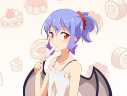 Rule 34 | 1girl, bare shoulders, bat wings, blue hair, camisole, cato (monocatienus), collarbone, commentary, flat chest, food, hair ornament, hair scrunchie, popsicle, red eyes, red scrunchie, remilia scarlet, scrunchie, short hair, short ponytail, solo, touhou, upper body, white camisole, wings