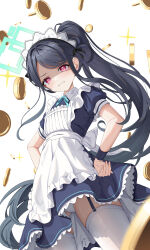 Rule 34 | &lt;key&gt; (blue archive), 1girl, absurdly long hair, absurdres, alternate costume, apron, black dress, black hair, blue archive, blush, coin, commentary, dress, enmaided, frilled apron, frills, green halo, halo, highres, kesa pasa, long hair, looking at viewer, maid, maid apron, maid headdress, open mouth, panties, ponytail, red eyes, short sleeves, simple background, solo, thighhighs, underwear, very long hair, white apron, white background, white panties, white thighhighs