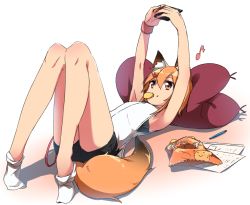 Rule 34 | 1girl, animal ear fluff, animal ears, armpits, arms up, bag of chips, bare arms, bare shoulders, black shorts, blonde hair, cellphone, chips (food), commentary request, eighth note, flat chest, food, fox ears, fox girl, fox tail, hair between eyes, hair ornament, hairclip, highres, holding, holding phone, light brown hair, looking away, looking up, loose socks, lying, minowa sukyaru, musical note, no shoes, on back, original, paper, pencil, phone, pillow, potato chips, red eyes, shirt, short hair, short shorts, shorts, sleeveless, sleeveless shirt, sock pull, socks, solo, tail, white background, white shirt, white socks, wristband