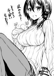 Rule 34 | 1girl, :d, blush, breasts, eyelashes, greyscale, hair between eyes, hand on own chest, headphones, highres, impossible clothes, knees up, large breasts, long sleeves, looking at viewer, mizuta kenji, monochrome, motion lines, open mouth, original, pants, ribbed sweater, short hair, simple background, smile, solo, sweater, text focus, translation request, white background