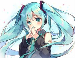 Rule 34 | 1girl, aqua eyes, aqua hair, aqua nails, aqua necktie, bare shoulders, blue background, blush, closed mouth, collared shirt, gradient background, grey shirt, hatsune miku, headphones, long hair, long sleeves, looking at viewer, nail polish, necktie, number tattoo, own hands together, shirt, shoulder tattoo, smile, solo, suimya, tareme, tattoo, triangle, twintails, upper body, very long hair, vocaloid, wing collar