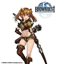 Rule 34 | 1girl, :d, armor, arrow (projectile), asymmetrical legwear, blush, boobplate, boots, bow (weapon), breast pocket, breastplate, brown dust, brown eyes, brown footwear, brown gloves, brown hair, copyright name, cowboy shot, cropped jacket, gloves, green jacket, green shorts, hood, hood down, hooded jacket, ing9, jacket, knee boots, leg up, looking at viewer, midriff, navel, open mouth, pocket, quiver, shiny skin, short hair, short shorts, short sleeves, shorts, simple background, single glove, smile, solo, standing, standing on one leg, stomach, teeth, thigh boots, thighhighs, twintails, uneven legwear, upper teeth only, vambraces, weapon, white background