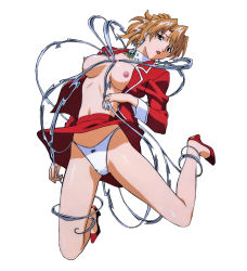 Rule 34 | 1990s (style), 1girl, agent aika, aika (series), blazer, blue eyes, bow, bow panties, breasts, breasts out, brown hair, detached collar, full body, high-waist skirt, jacket, large breasts, long sleeves, looking at viewer, nipples, no bra, non-web source, official art, open clothes, open jacket, open mouth, panties, red footwear, red skirt, retro artstyle, simple background, skirt, solo, sumeragi aika, underwear, updo, white background, white panties, yamauchi noriyasu