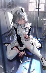 Rule 34 | 1girl, absurdres, arm support, arutera, backlighting, black hair, blue eyes, blush, garter straps, grey hair, hat, highres, holding, holding syringe, iv stand, looking at viewer, name tag, needle, nurse, nurse cap, original, smile, solo, syringe, thighhighs, torn clothes, torn thighhighs, white thighhighs, window