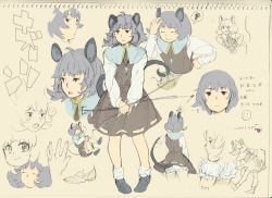 Rule 34 | !, 1girl, ahoge, animal ears, bad id, bad pixiv id, basket, capelet, closed eyes, female focus, grey hair, jewelry, long sleeves, mixed media, mouse (animal), mouse ears, mouse tail, nazrin, open mouth, red eyes, shiontaso, short hair, smile, solo, tail, touhou