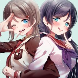 Rule 34 | 2girls, :q, alternate eye color, blue eyes, blush, bow, fang, finger to cheek, food, grey hair, highres, hina (hinalovesugita), in-franchise crossover, index finger raised, locked arms, long hair, love live!, love live! school idol festival, love live! school idol project, love live! sunshine!!, low ponytail, low twintails, mouth hold, multiple girls, neckerchief, necktie, one eye closed, pocky, pointing, pointing at self, polka dot, polka dot bow, purple hair, purple neckwear, red neckwear, salute, school uniform, scrunchie, serafuku, short ponytail, tongue, tongue out, tojo nozomi, twintails, upper body, v-shaped eyebrows, watanabe you