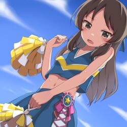 Rule 34 | 1girl, blue skirt, blush, breasts, brown hair, cheerleader, child, commentary request, cropped shirt, highres, holding, holding pom poms, idolmaster, idolmaster cinderella girls, idolmaster cinderella girls u149, jersey, long hair, looking down, midriff, mooramango, navel, official alternate costume, outdoors, pleated skirt, pom pom (cheerleading), pom poms, skirt, sky, small breasts, solo, stomach, sweat, tachibana arisu, very long hair