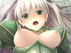 Rule 34 | 1girl, :o, armor, blush, breastless clothes, breasts, close-up, embarrassed, covered erect nipples, game cg, green eyes, hair ribbon, ikusa otome suvia, large breasts, lipstick, long hair, lying, makeup, nipples, no bra, on back, on ground, open mouth, puffy nipples, ribbon, silver hair, solo, surprised, twintails, valkyrie, valkyrie suvia, zol