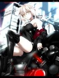 1girl, absurdres, ahoge, artoria pendragon (all), black footwear, black jacket, black ribbon, black shirt, black shorts, blurry, blurry background, boots, breasts, clothes down, floating hair, foo (pixiv54892036), french text, from below, frown, ground vehicle, hair between eyes, hair ribbon, highres, jacket, jewelry, long hair, looking at viewer, medium breasts, motor vehicle, motorcycle, night, open clothes, open jacket, outdoors, pendant, ponytail, ribbon, saber alter, shirt, short shorts, shorts, silver hair, sleeveless, sleeveless shirt, solo, spaghetti strap, thigh boots, thighhighs, yellow eyes