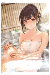 Rule 34 | 1girl, absurdres, artist name, bare shoulders, black hair, blush, braid, breasts, closed mouth, female focus, fingernails, gustav (telomere na), highres, large breasts, looking at viewer, naked towel, nipples, onsen, page number, partially submerged, purple eyes, scan, see-through, shiny skin, short hair, sidelocks, smile, solo, toranoana, towel, water, wet, wet towel, white towel