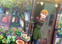 Rule 34 | 1girl, absurdres, al aoi aoba, apron, bad id, bad pixiv id, birthday, branch, cafe, commentary request, english text, flower, highres, huge filesize, long hair, looking at viewer, love live!, love live! superstar!!, menu board, open door, orange hair, purple eyes, shibuya kanon, solo, tree, umbrella, window
