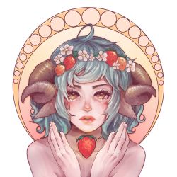Rule 34 | 1girl, ahoge, androgynous, animal ears, blue hair, blush, commentary, flower, freckles, hair flower, hair ornament, hands up, head wreath, horns, lips, looking at viewer, nude, original, parted lips, portrait, shari cote, sheep ears, sheep girl, sheep horns, short hair, solo, white flower