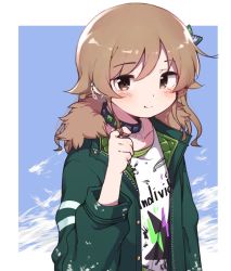 Rule 34 | 1girl, bad id, bad twitter id, blush, brown eyes, brown hair, choker, clothes writing, commentary request, fur-trimmed jacket, fur trim, green jacket, hair flaps, hair ornament, twirling hair, idolmaster, idolmaster cinderella girls, jacket, looking at viewer, medium hair, mg pong, morikubo nono, open clothes, open jacket, shirt, simple background, smile, solo, star (symbol), star hair ornament, studded choker, t-shirt, upper body, zipper