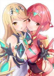 Rule 34 | absurdres, bare shoulders, black gloves, blonde hair, breasts, chest jewel, cleavage, cleavage cutout, clothing cutout, dress, earrings, elbow gloves, fingerless gloves, gloves, highres, jewelry, karuushi, large breasts, long hair, mythra (xenoblade), pyra (xenoblade), red eyes, red hair, red shorts, short dress, short shorts, shorts, swept bangs, thighhighs, tiara, very long hair, white dress, white gloves, xenoblade chronicles (series), xenoblade chronicles 2, yellow eyes