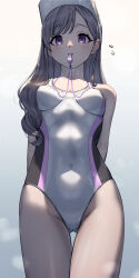 Rule 34 | 1girl, 24riside, absurdres, arms behind back, breasts, competition swimsuit, from below, grey hair, highres, idolmaster, idolmaster shiny colors, long hair, looking at viewer, medium breasts, mouth hold, multicolored clothes, multicolored swimsuit, one-piece swimsuit, purple eyes, solo, standing, swimsuit, visor cap, whistle, white swimsuit, yukoku kiriko