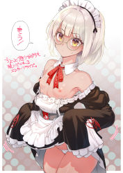 Rule 34 | 1girl, azur lane, bare shoulders, blunt bangs, blush, breasts, clothes pull, commentary request, cowboy shot, detached collar, enterprise (hms) (azur lane), frown, highres, lifting own clothes, maid headdress, nipples, panties, round eyewear, short hair, sleeves past fingers, sleeves past wrists, small breasts, solo, supurai, translation request, underwear, white hair, white panties, yellow-framed eyewear, yellow eyes