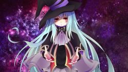 Rule 34 | 1girl, artist request, bad id, bad pixiv id, blue hair, capelet, hat, highres, long hair, ole tower, red eyes, solo, spanner (ole tower), spanner m36 (ole tower), witch hat