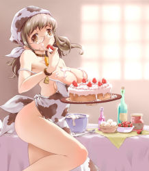 Rule 34 | 1girl, animal print, apron, bell, bottle, bowl, breasts, brown eyes, brown hair, cake, cleavage, collar, cow print, eating, egg, food, fruit, glasses, large breasts, messy, moupii (hitsuji no ki), naked apron, neck bell, original, pastry, solo, spoon, strawberry