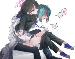 Rule 34 | 2girls, black jacket, black mask, black pants, blue archive, clothes pull, commentary request, female masturbation, female sensei (blue archive), fingering, green hair, halo, heart, highres, jacket, lanyard, long sleeves, mask, mask pull, masturbation, misaki (blue archive), mouth mask, multiple girls, open mouth, pants, pants pull, profile, red halo, sensei (blue archive), shoes, short hair, simple background, spoken heart, thighs, torn clothes, torn pants, vivo (vivo sun 0222), white background, white jacket, yuri