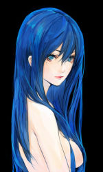 Rule 34 | 1girl, back, black background, blue eyes, blue hair, breasts, convenient censoring, from side, hair between eyes, hair censor, hair over breasts, lipstick, long hair, looking at viewer, looking back, makeup, matching hair/eyes, mole, mole under eye, nude, opiu, original, simple background, solo, upper body