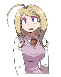 Rule 34 | 1girl, ahoge, akamatsu kaede, annoyed, blonde hair, breasts, collared shirt, commentary request, cropped torso, danganronpa (series), danganronpa v3: killing harmony, fortissimo, furukawa (yomawari), hair ornament, highres, large breasts, long hair, long sleeves, looking at viewer, musical note, musical note hair ornament, necktie, open mouth, purple eyes, school uniform, shirt, simple background, solo, sweatdrop, sweater vest, teeth, upper body, upper teeth only, white background, white shirt