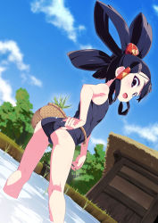 Rule 34 | 1girl, adjusting clothes, adjusting swimsuit, ass, basket, black eyes, black hair, blue one-piece swimsuit, cameltoe, cloud, commentary request, from behind, hair rings, highres, kneepits, legs, long hair, looking back, one-piece swimsuit, open mouth, outdoors, quad tails, rice paddy, sakuna-hime, school swimsuit, sky, solo, swimsuit, tanabe kyou, tensui no sakuna-hime, thighs, wading, water