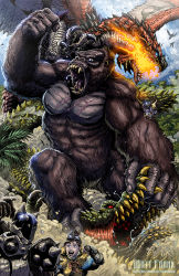Rule 34 | 1boy, 1girl, ape, armor, breath weapon, breathing fire, capcom, character request, crossover, deviljho, fire, fleeing, forest, giant, giant monster, gorilla, handler (monster hunter world), highres, kaijuu, king kong, king kong (series), kong: skull island, kong (monsterverse), matt frank, monster, monster hunter, monster hunter: world, monster hunter (series), monsterverse, muscular, muscular male, nature, palm tree, pectorals, rathalos, scar, scar on chest, tree