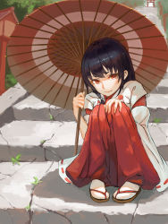 Rule 34 | 1girl, black hair, hcho, highres, japanese clothes, knees up, long hair, looking at viewer, miko, oil-paper umbrella, original, parasol, red eyes, sitting, smile, solo, stairs, stone stairs, tabi, umbrella