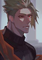 Rule 34 | 1boy, achilles (fate), black shirt, brown eyes, closed mouth, fate/apocrypha, fate (series), green hair, grey background, haruakira, heterochromia, highres, looking to the side, male focus, orange sash, red eyes, shirt, sideburns, solo, turtleneck, undercut, upper body