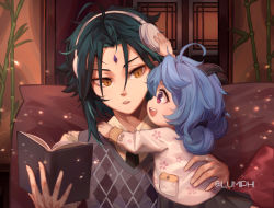 Rule 34 | 1boy, 1girl, ahoge, blush, book, bow, carrying, casual, child, couch, facial mark, forehead mark, ganyu (genshin impact), genshin impact, green hair, hair bow, happy, headphones, highres, holding, holding book, horns, indoors, lumiphi, necktie, on couch, open mouth, purple eyes, reading, sitting, smile, sweater, xiao (genshin impact), yellow eyes, aged down