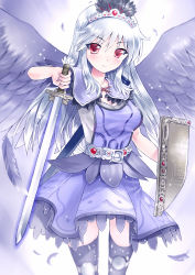 Rule 34 | 1girl, albino, aldehyde, bad id, bad pixiv id, blue thighhighs, blush, long hair, looking at viewer, original, red eyes, shield, solo, sword, thighhighs, tiara, weapon, white hair, wings