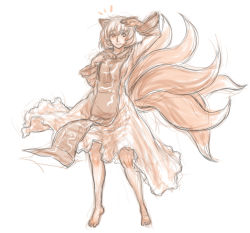 Rule 34 | 1girl, animal ears, barefoot, dress, fox ears, fox tail, full body, highres, kuro suto sukii, looking at viewer, monochrome, multiple tails, salute, simple background, sketch, solo, tabard, tail, touhou, white background, white dress, yakumo ran