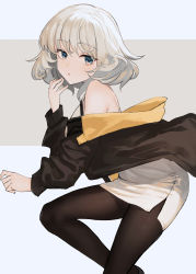 Rule 34 | 1girl, :o, bare shoulders, black jacket, black pantyhose, blue background, blue eyes, commentary request, dress, grey background, grey hair, highres, jacket, long sleeves, looking at viewer, off shoulder, open clothes, open jacket, original, pantyhose, parted lips, ryokucha manma, sleeveless, sleeveless dress, solo, two-tone background, white dress