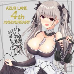 Rule 34 | 1girl, azur lane, bare shoulders, between breasts, black dress, breasts, cleavage, clothing cutout, dress, formidable (azur lane), frilled dress, frills, gothic lolita, grey background, grey hair, headphones, highres, holding, holding headphones, large breasts, lolita fashion, long hair, looking at viewer, neckwear between breasts, red eyes, ribbon, shoulder cutout, simple background, skirt hold, small rock1, solo, standing, twintails, two-tone dress, two-tone ribbon, upper body, very long hair