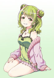 Rule 34 | 1girl, arm support, breasts, camisole, cleavage, coat, double bun, flower, flower necklace, frills, fujita 758634, gradient background, green background, green camisole, green eyes, green hair, grin, hair bun, hair ornament, hair scrunchie, hairclip, hand on own thigh, highres, hood, hoodie, jewelry, looking at viewer, medium breasts, medium hair, morinaka kazaki, nail polish, necklace, nijisanji, off shoulder, open clothes, open coat, pink hoodie, pink nails, scrunchie, simple background, sitting, smile, smirk, solo, virtual youtuber, yokozuwari