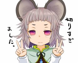 Rule 34 | 1girl, animal ears, blunt bangs, blush, double v, female focus, forehead, grey hair, hikimayu, ishikkoro, jewelry, mouse ears, nazrin, necklace, red eyes, short hair, solo, touhou, translated, v