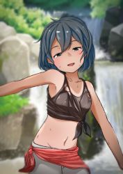 Rule 34 | 1girl, bare arms, bare shoulders, black eyes, black hair, collarbone, cowboy shot, hair between eyes, half-closed eyes, head tilt, highres, kaban (kemono friends), kemono friends, leaning to the side, looking at viewer, medium hair, midriff, navel, open mouth, outstretched arms, shirt, shorts, sleeveless, sleeveless shirt, smile, solo, stomach, tan, tanline, tied shirt, torn clothes, yakko picture