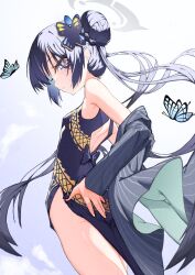 Rule 34 | 1girl, black dress, black hair, blue archive, breasts, bug, butterfly, china dress, chinese clothes, dress, grey eyes, highres, insect, kisaki (blue archive), long hair, looking at viewer, looking back, mocha kura, simple background, small breasts, solo, thighs, white background
